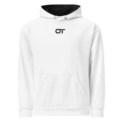 Unisex Cotton Hoodie in white with black logo and hood from the Overtuned Premium Road collection.
