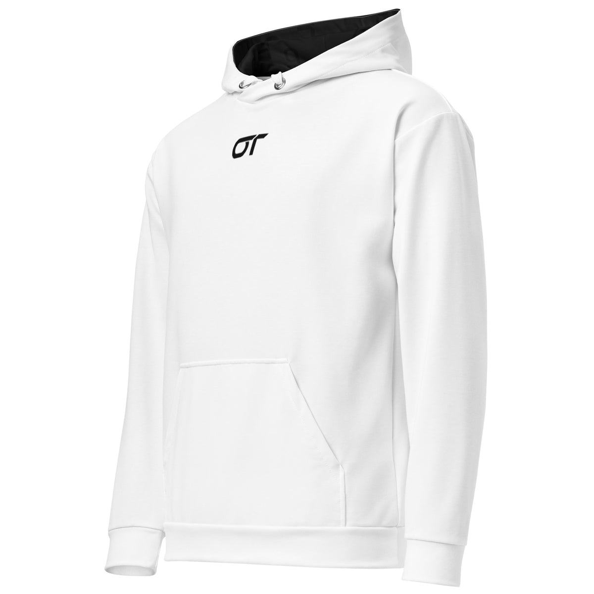 Unisex Cotton Hoodie, Overtuned Premium Road Hoodie in white with black logo and hood.