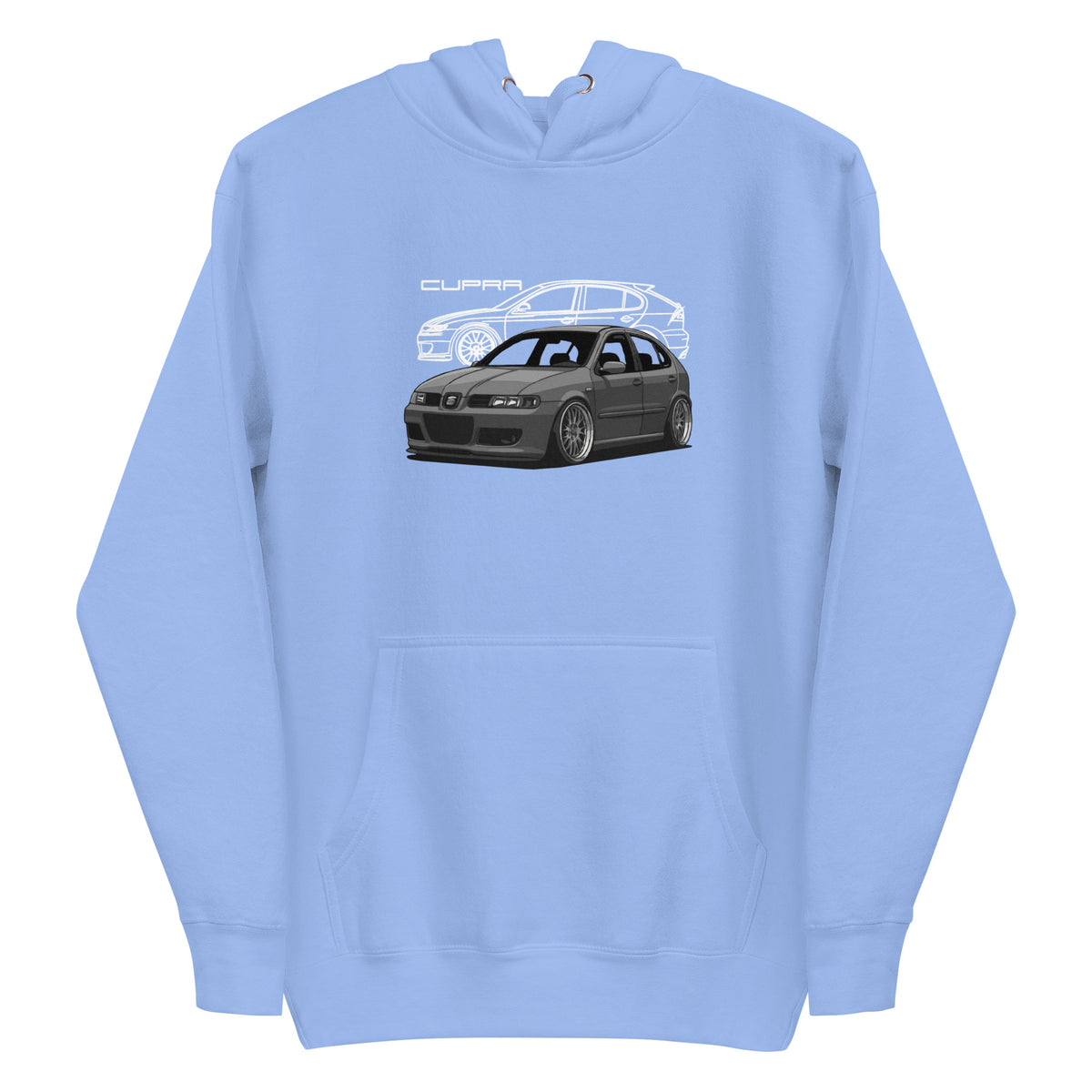 Organic Cotton Unisex Hoodie in baby blue with front graphic print – product mockup