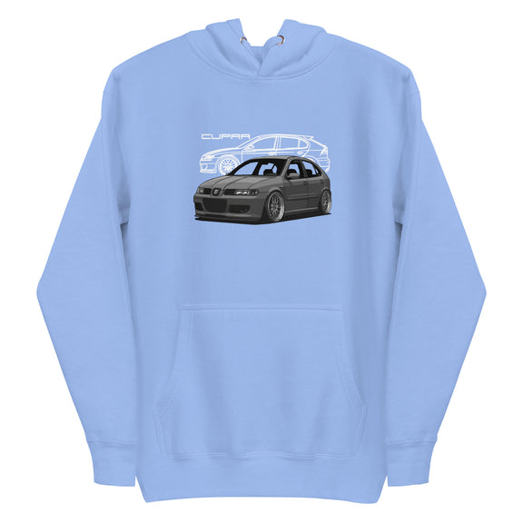 Organic Cotton Unisex Hoodie in baby blue with front graphic print – product mockup