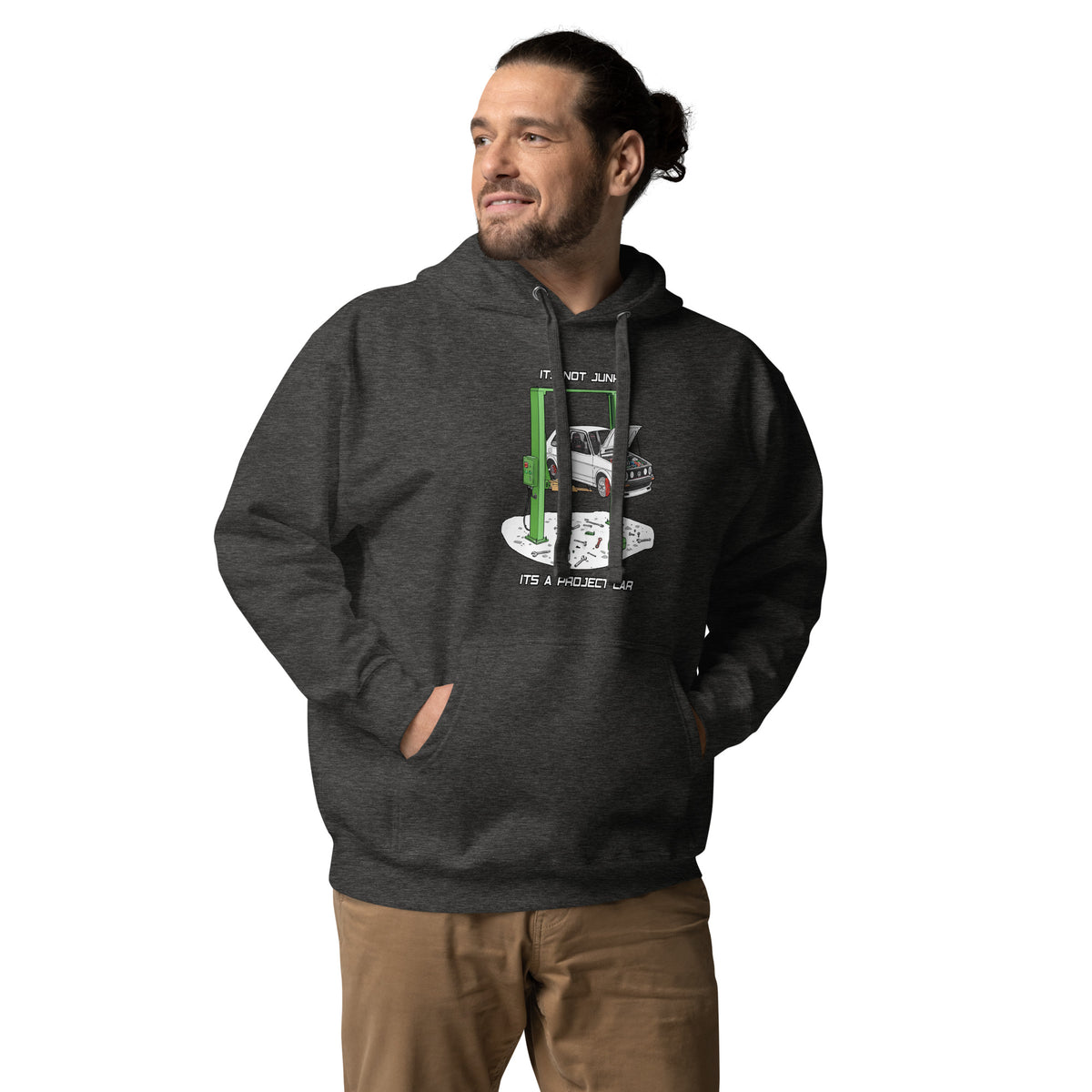 Model wearing dark olive Unisex Hoodie