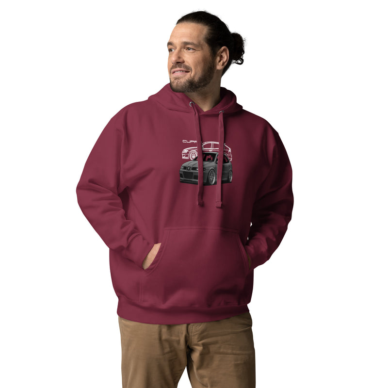 Organic Cotton Unisex Hoodie in burgundy worn by model – product mockup