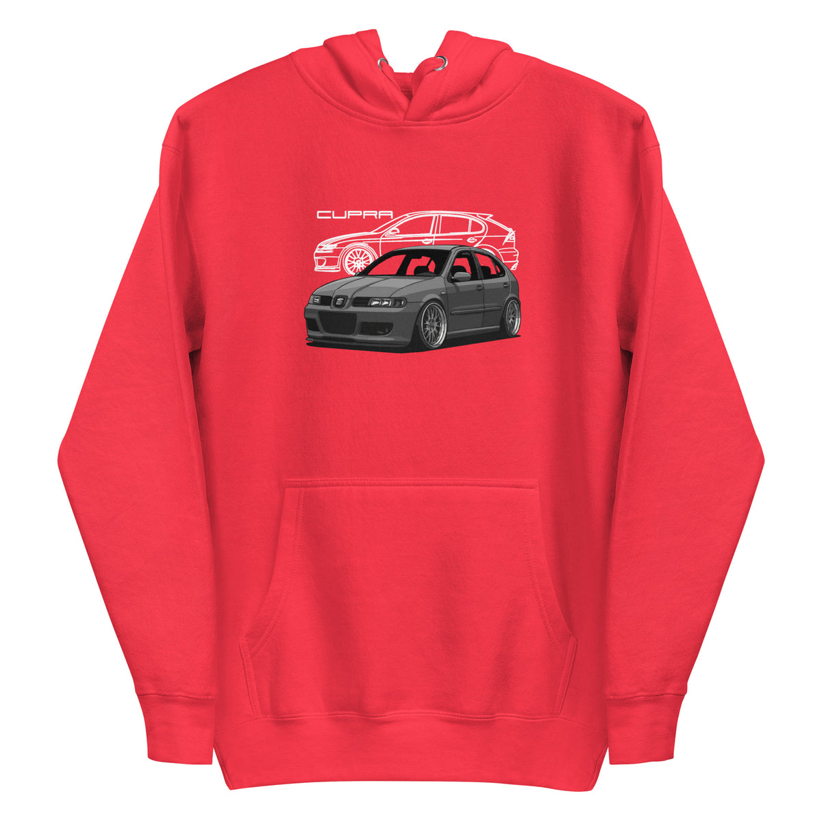 Organic Cotton Unisex Hoodie in bright red with front graphic print – product mockup