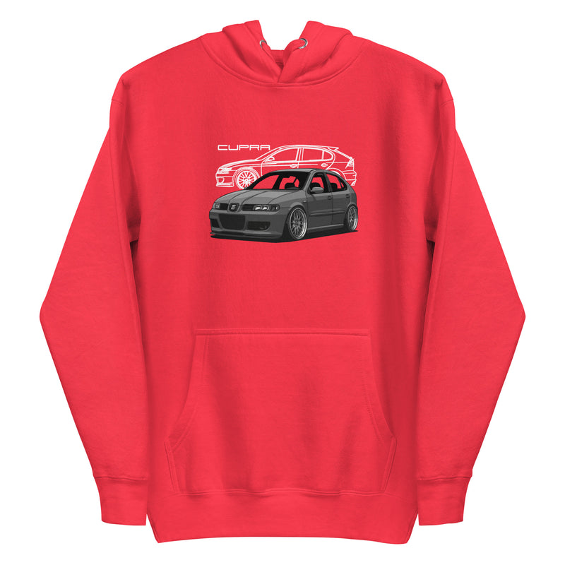 Organic Cotton Unisex Hoodie in bright red with front graphic print – product mockup