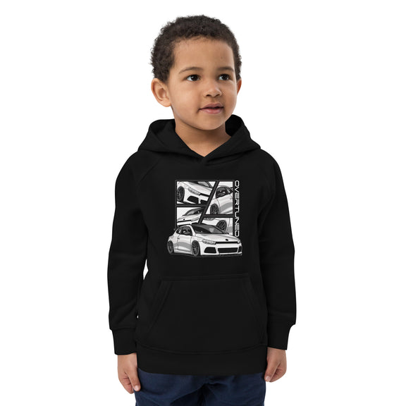 Kids Eco Hoodie featuring Overtuned Buddies Scirocco design on a smiling child wearing a black hoodie.