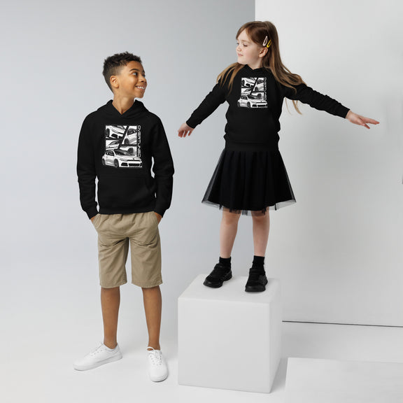 Kids Eco Hoodie – Overtuned Buddies Scirocco worn by children modeling stylish black hoodies.