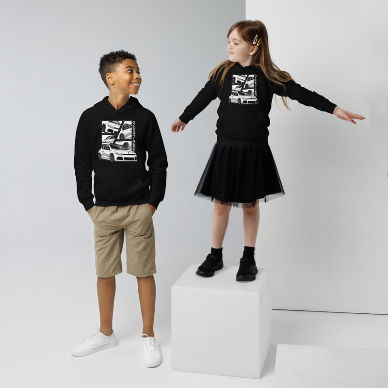 Kids Eco Hoodie – Overtuned Buddies Scirocco worn by children modeling stylish black hoodies.