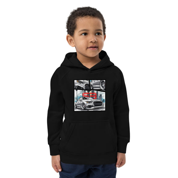 Boy wearing black Overtuned Kids Eco Hoodie – product mockup