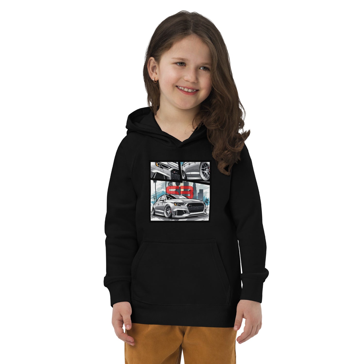 Girl wearing black Overtuned Kids Eco Hoodie – studio mockup photo