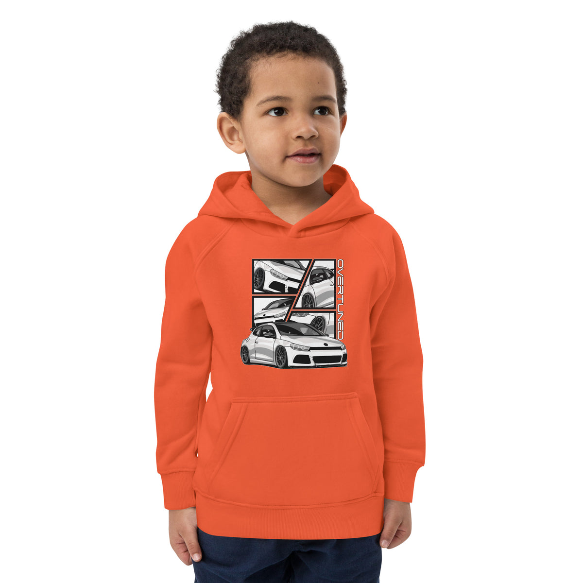 Kids Eco Hoodie – Overtuned Buddies Scirocco in bright orange with car graphic design.