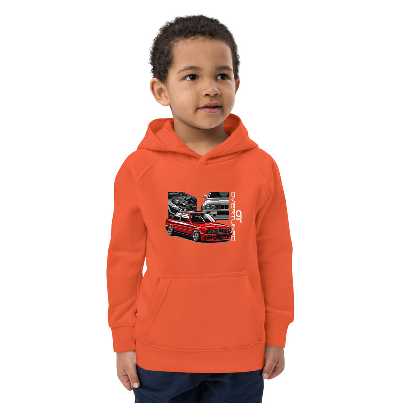 Kids Eco Hoodie in orange color – car lovers kids apparel