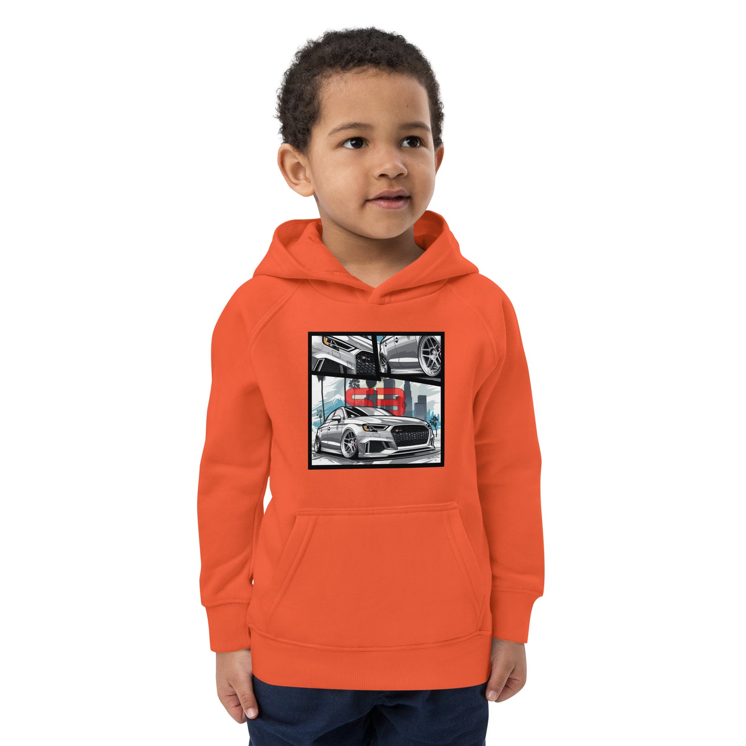 Boy wearing orange Overtuned Kids Eco Hoodie – product display image