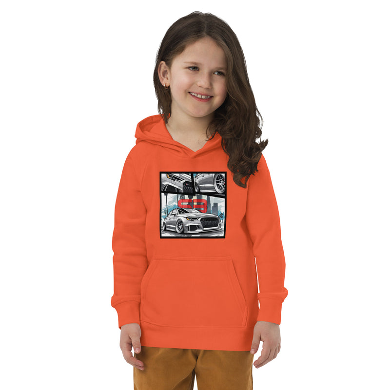 Girl wearing orange Overtuned Kids Eco Hoodie – product mockup