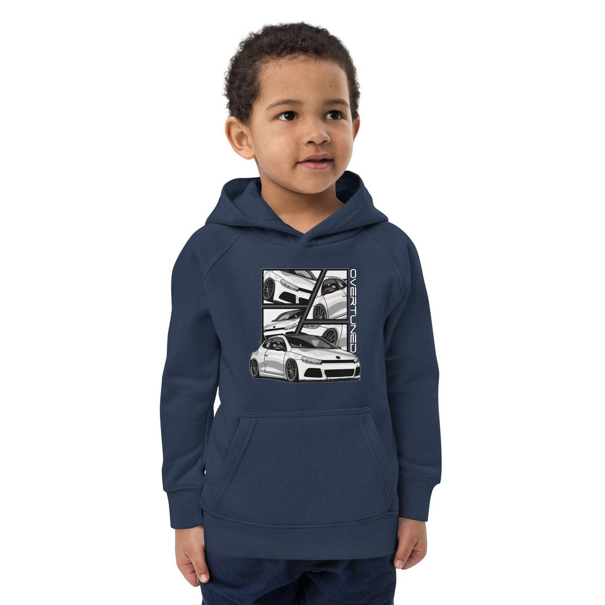 Kids Eco Hoodie featuring a child wearing a navy hoodie with car graphics from Overtuned Buddies Scirocco.