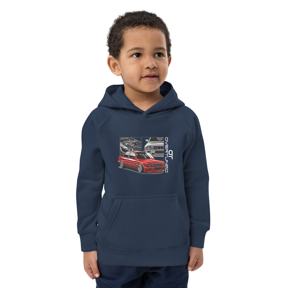Kids Eco Hoodie front view – Overtuned Buddies E30 design