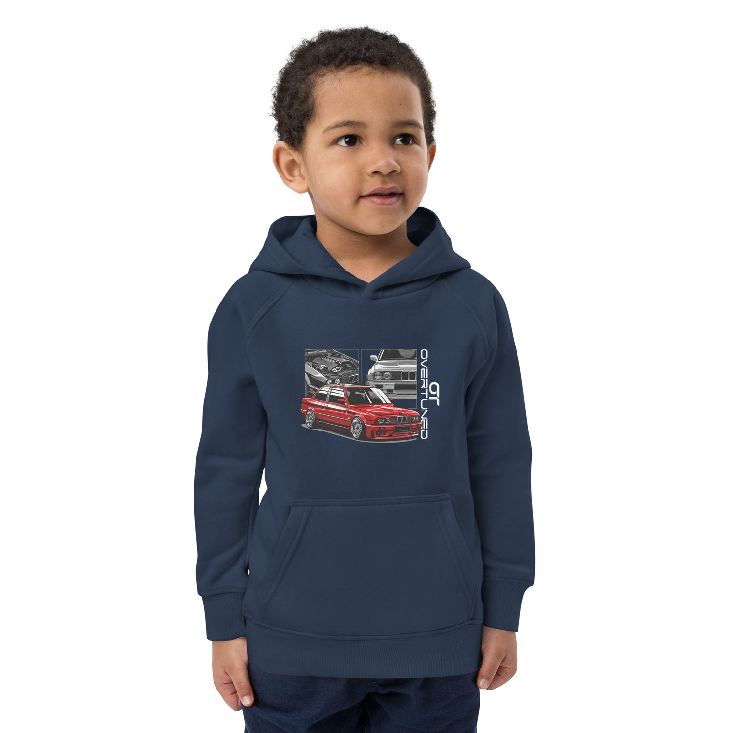Kids Eco Hoodie front view – Overtuned Buddies E30 design