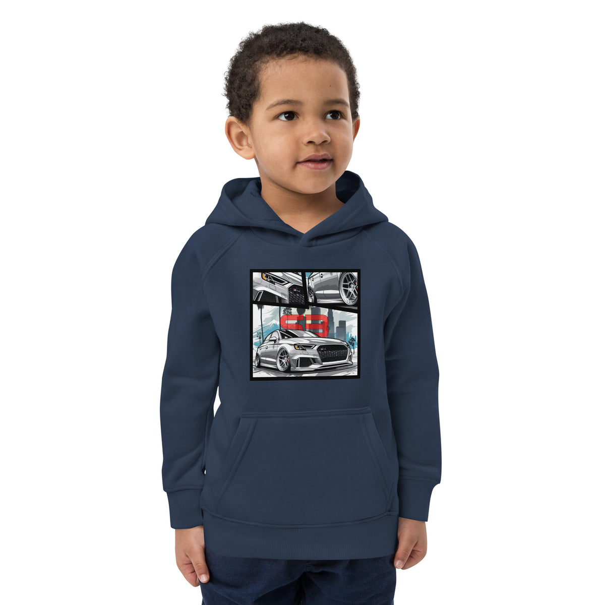 Girl wearing navy Overtuned Kids Eco Hoodie – front mockup photo