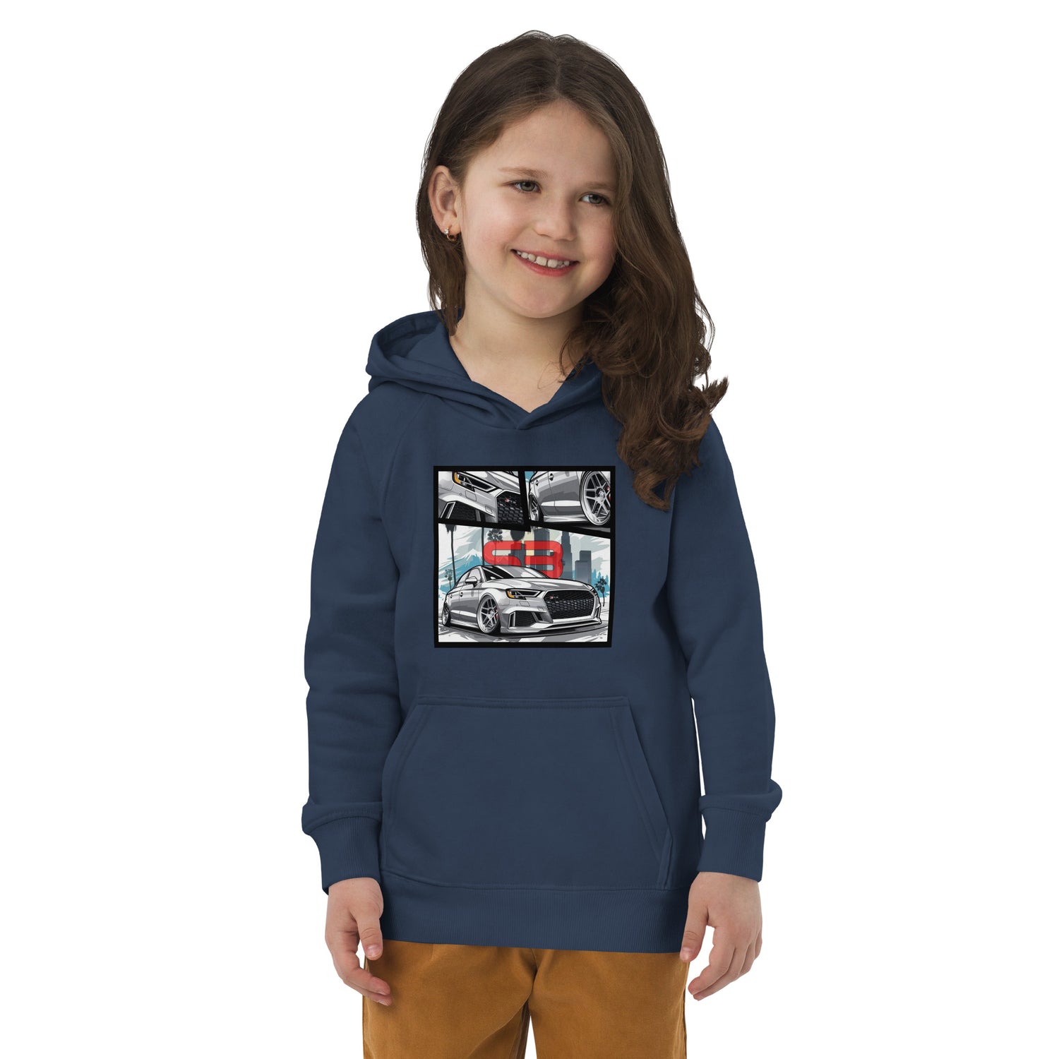 Child wearing navy Overtuned Kids Eco Hoodie – front product view