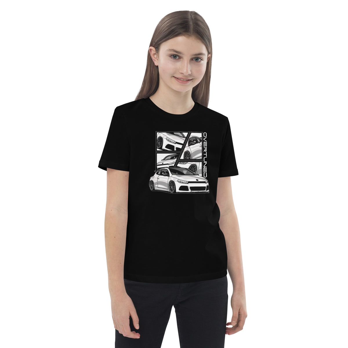 Organic Cotton Kids T-Shirt featuring Overtuned Buddies Scirocco graphics on a young model.