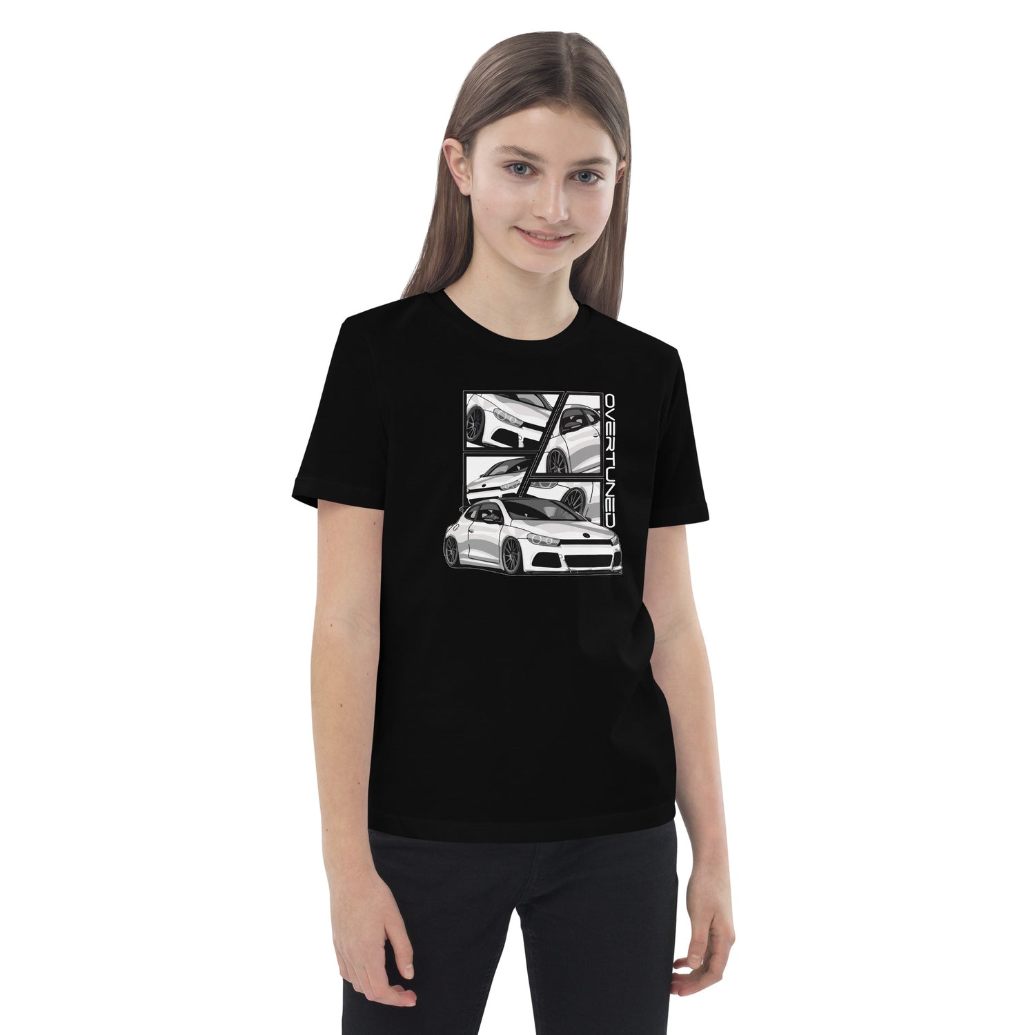 Organic Cotton Kids T-Shirt featuring Overtuned Buddies Scirocco graphics on a young model.