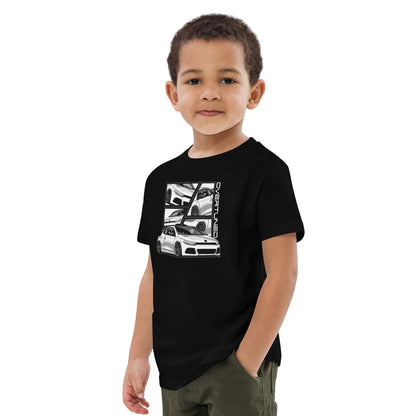 Organic Cotton Kids T-Shirt featuring Overtuned Buddies Scirocco design worn by a young boy.