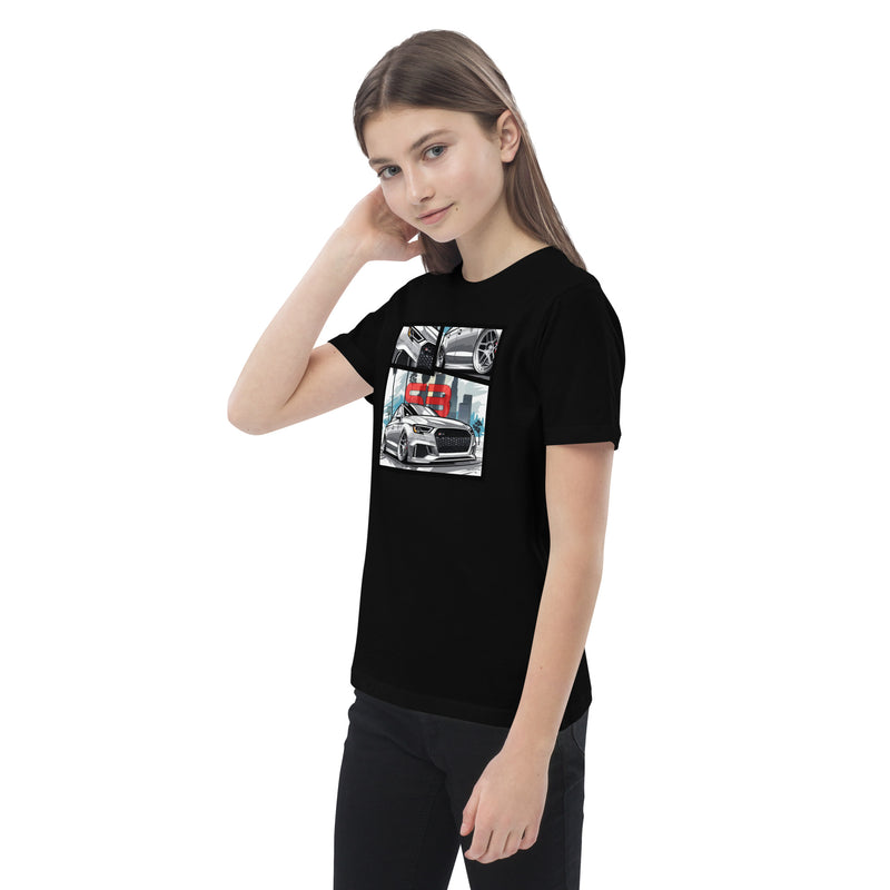 Child wearing a black Kids Organic Cotton T-Shirt, front view product mockup for apparel listing.
