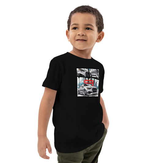 Child wearing a black Kids Organic Cotton T-Shirt, front view product mockup for apparel listing