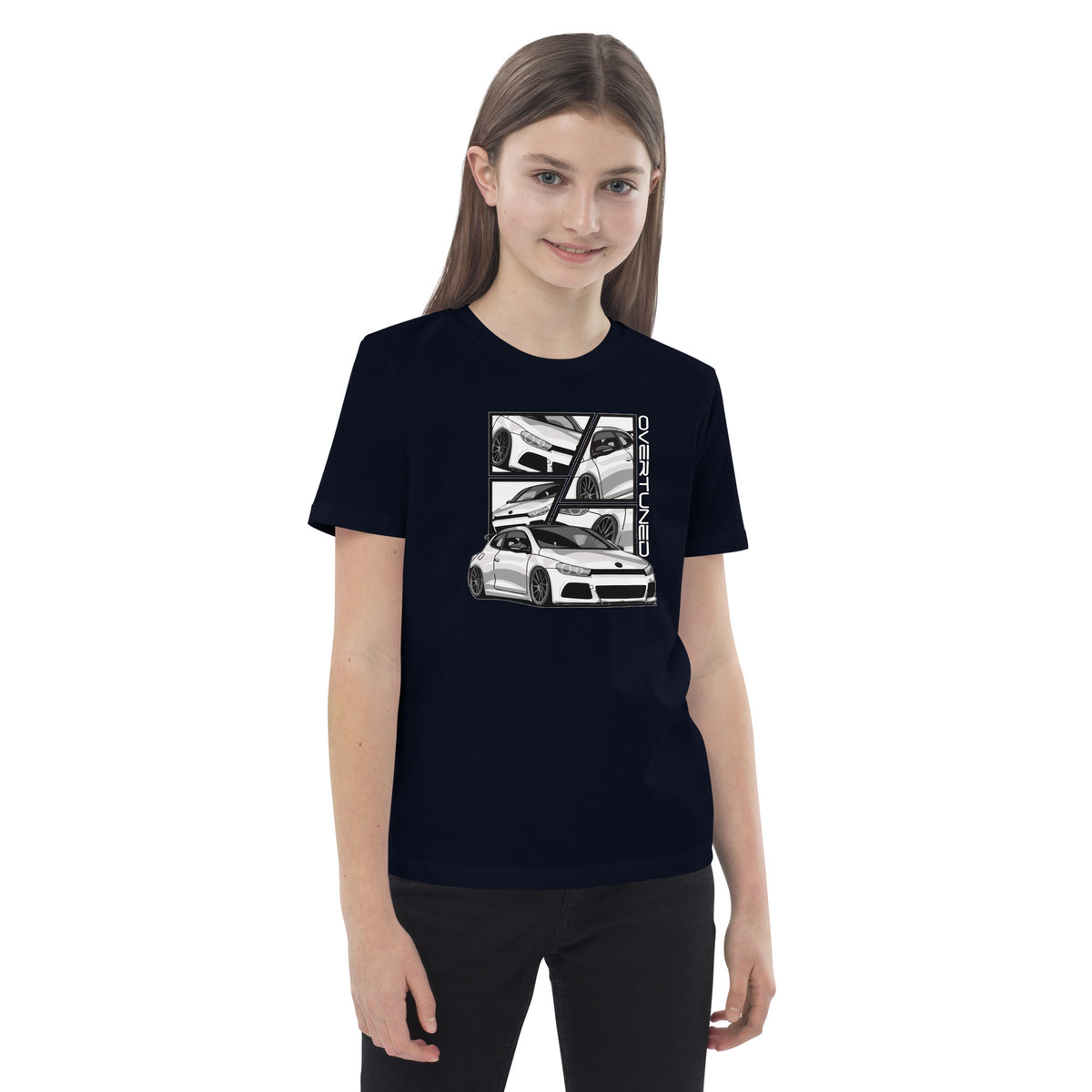 Organic Cotton Kids T-Shirt featuring Overtuned Buddies Scirocco design on young model.