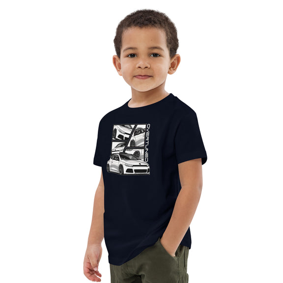 Organic Cotton Kids T-Shirt featuring Overtuned Buddies Scirocco design on a young boy.