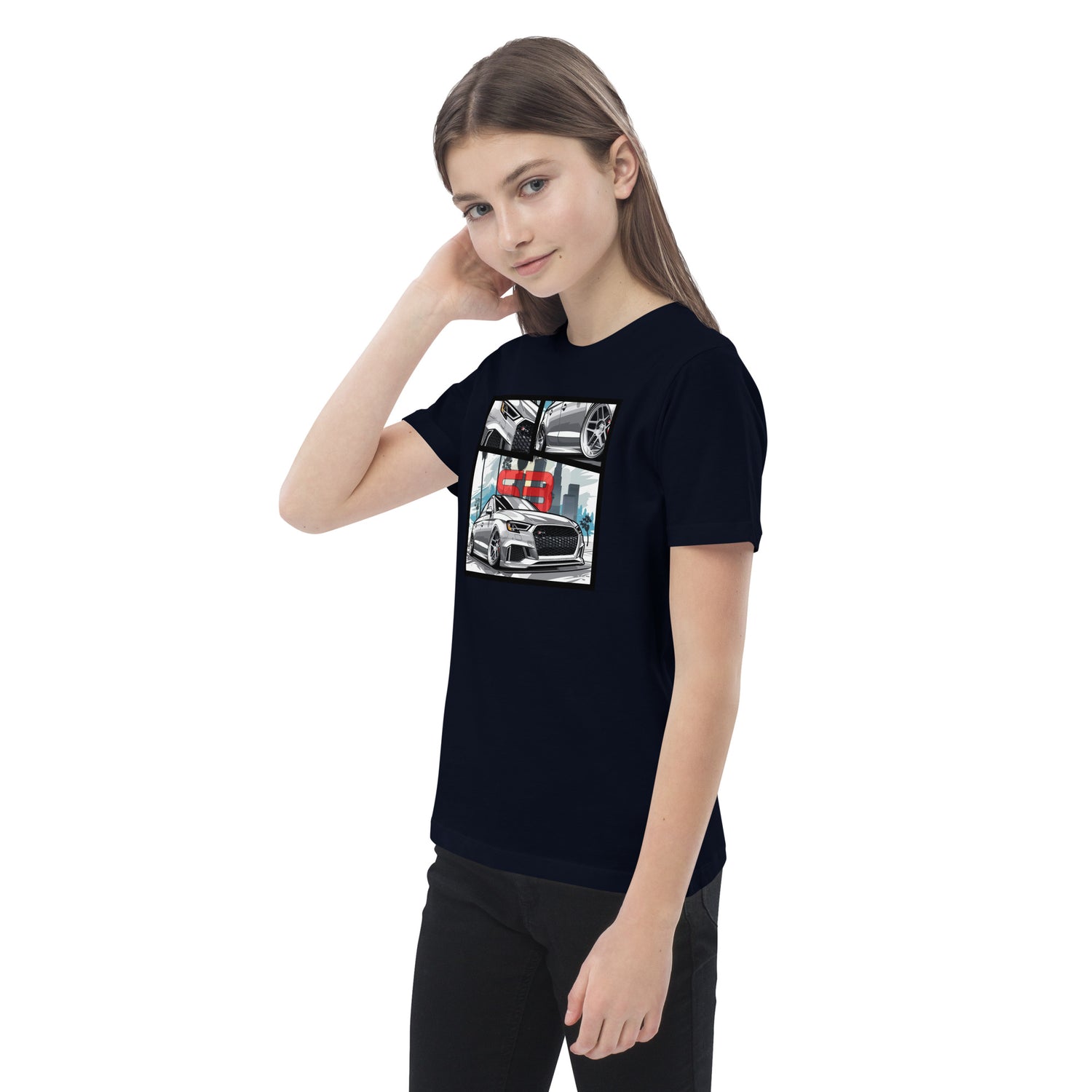 Child wearing a black Kids Organic Cotton T-Shirt, front view product mockup for apparel listing.