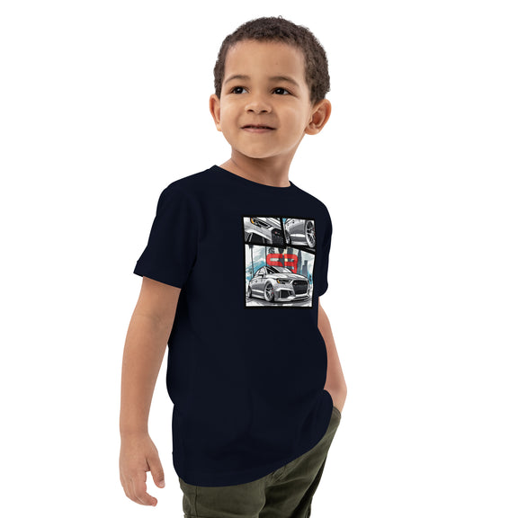 Child model wearing a black Kids Organic Cotton T-Shirt, standing and smiling for product showcase.