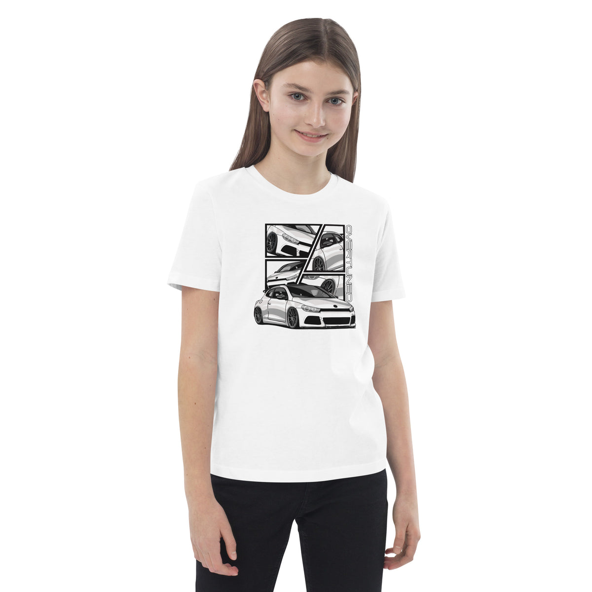 Organic Cotton Kids T-Shirt featuring a car design, perfect for young car enthusiasts and comfortable all-day wear.