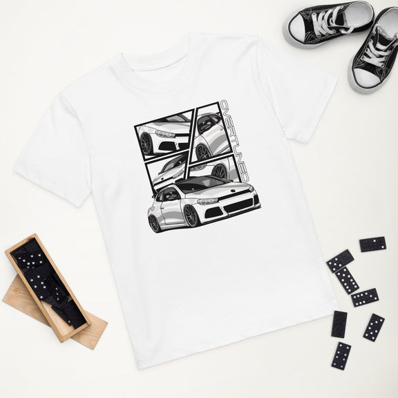Organic Cotton Kids T-Shirt featuring Overtuned Buddies Scirocco design on a white t-shirt with black sneakers.