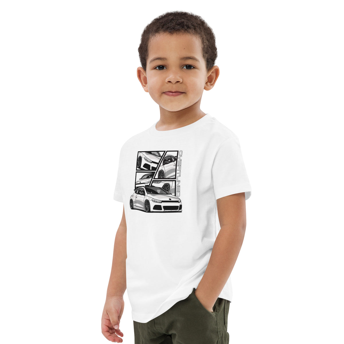 Organic Cotton Kids T-Shirt featuring Overtuned Buddies Scirocco design worn by a smiling boy.