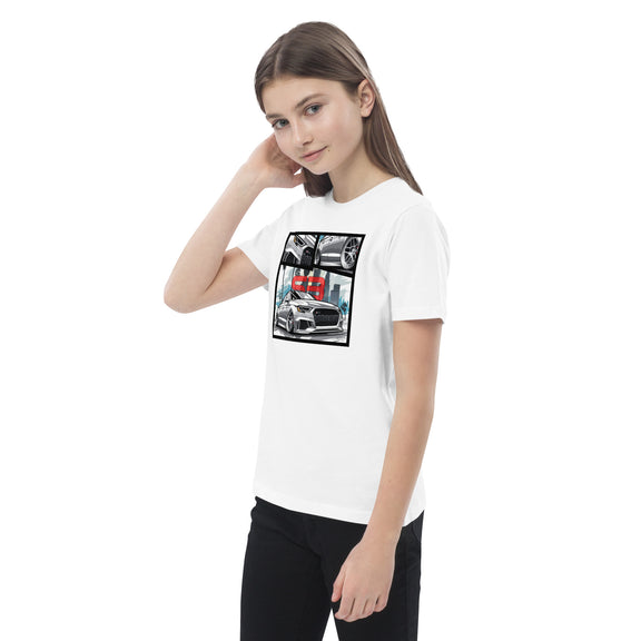 Child posing in a white Kids Organic Cotton T-Shirt, side-angle product mockup for clothing display.