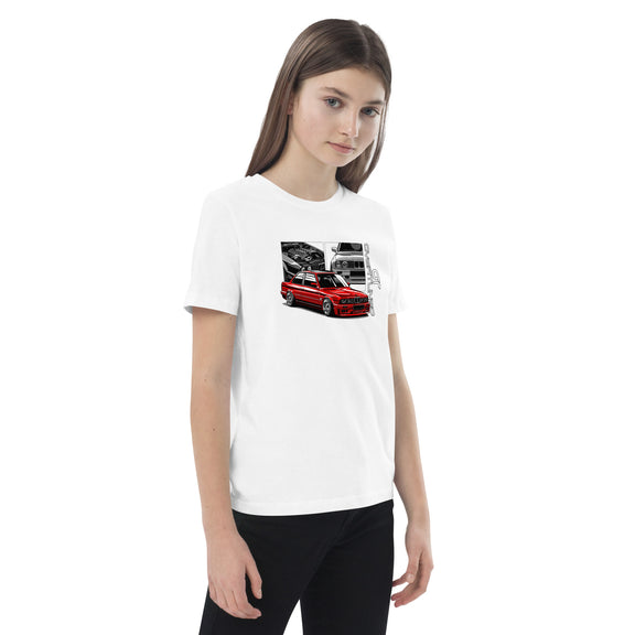 Organic Cotton Kids T-Shirt – Overtuned Buddies E30 White Mockup