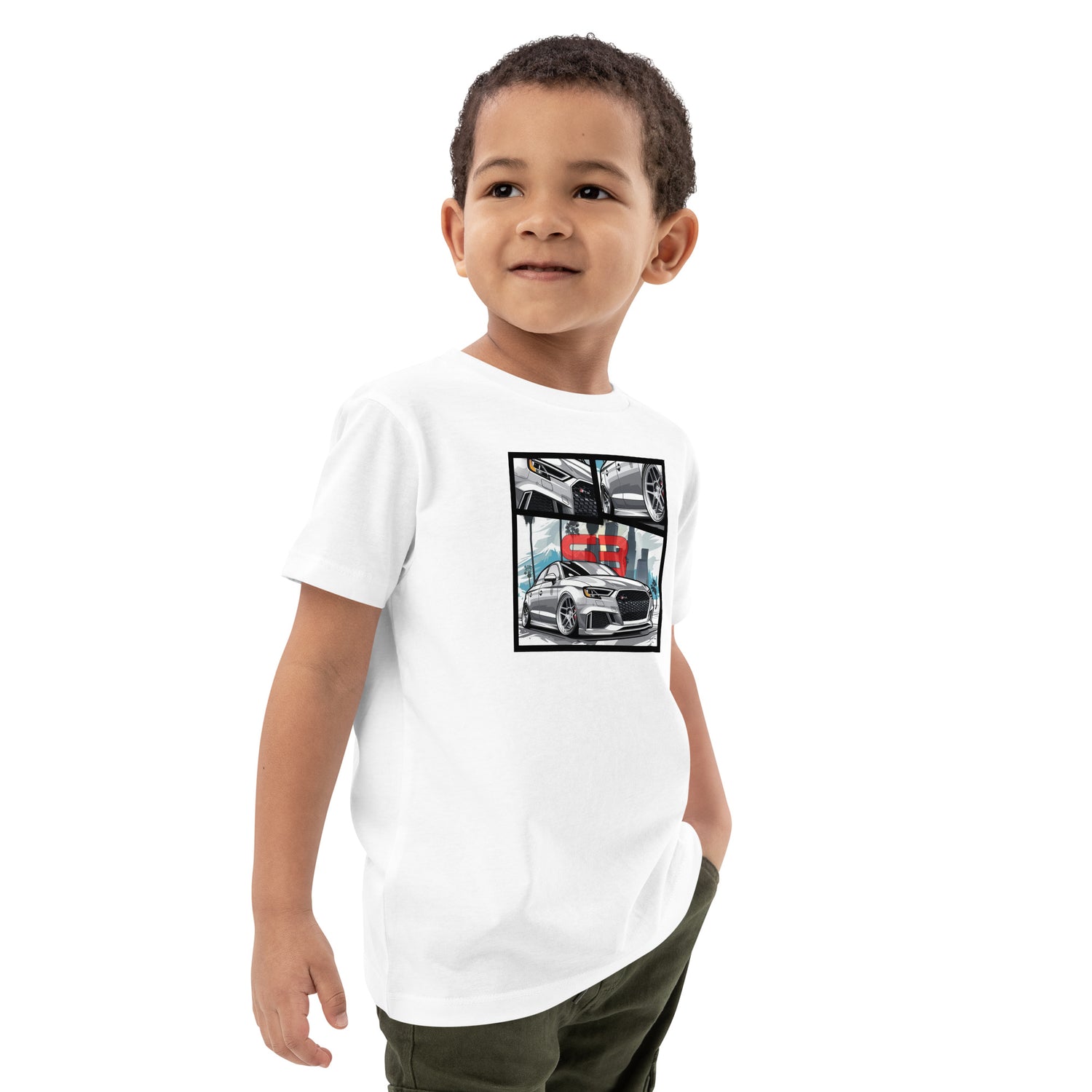 Smiling child wearing a white Kids Organic Cotton T-Shirt, standing and posing for product mockup.