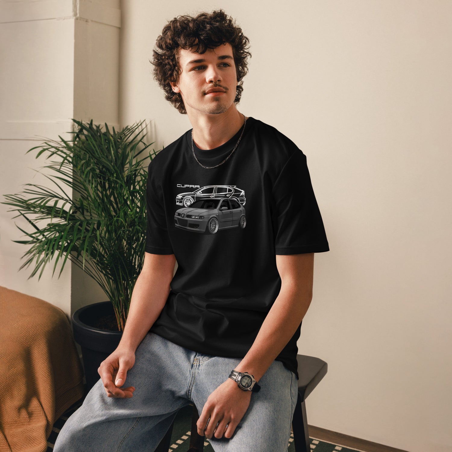 Model wearing black Cupra Leon Organic Cotton T-Shirt