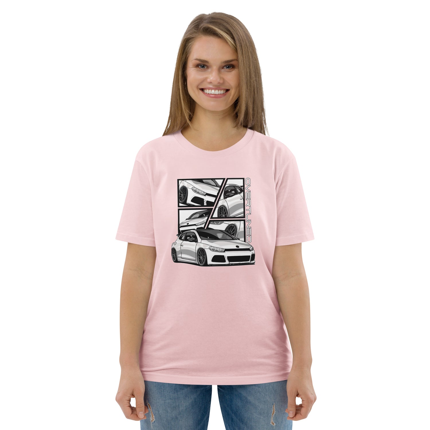 Organic Cotton Unisex T-Shirt kid model wearing pink shirt mockup