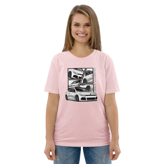 Organic Cotton Unisex T-Shirt kid model wearing pink shirt mockup